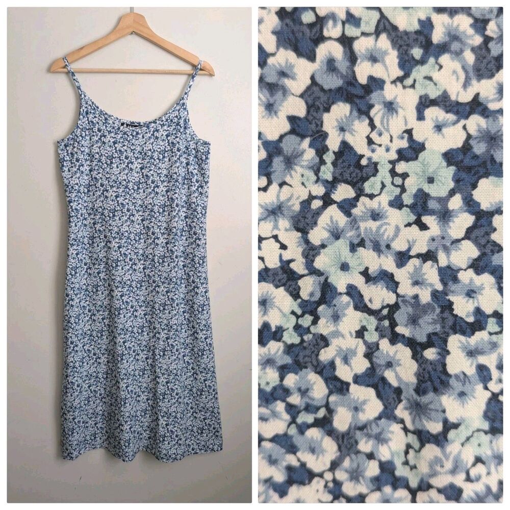 Vtg Rayon Slip Dress Blue Floral 90s Y2K All That Jazz Midi Sundress Grunge S XS